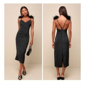 NWT Black Slinky Midi Dress With Feather Shoulder Detail Size Medium